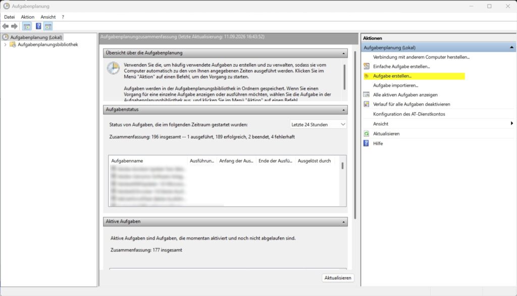 Windows-Aufgabenplanung mit markierter Option „Aufgabe erstellen“