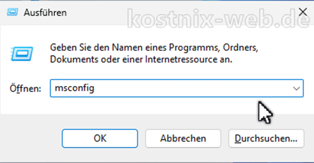 Tastenkombination WIN + R, Befehl msconfig