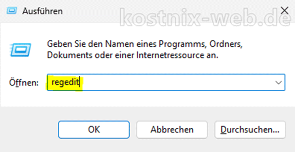 Ausführenfenster WIN+R, Befehl regedit