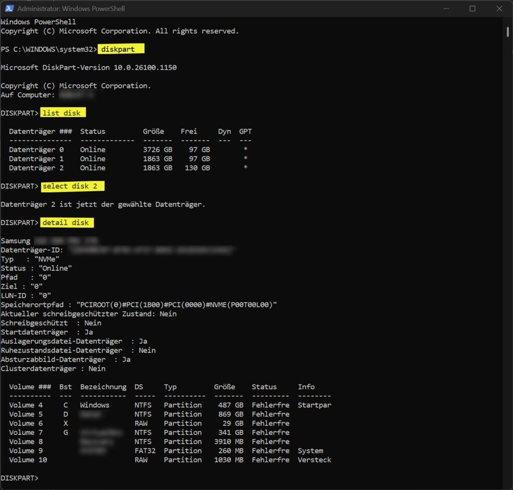 DiskPart detail disk zeigt eine ausgewählte NVMe-SSD mit Windows-Systemvolume
