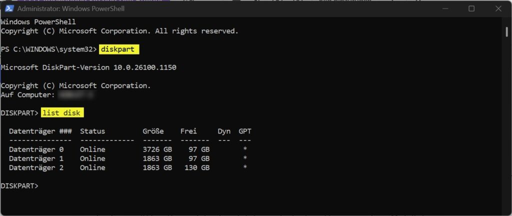 DiskPart list disk zeigt die erkannten Datenträger unter Windows 11