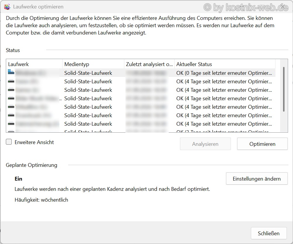 Windows Laufwerke optimieren zeigt den Medientyp als Solid-State-Laufwerk