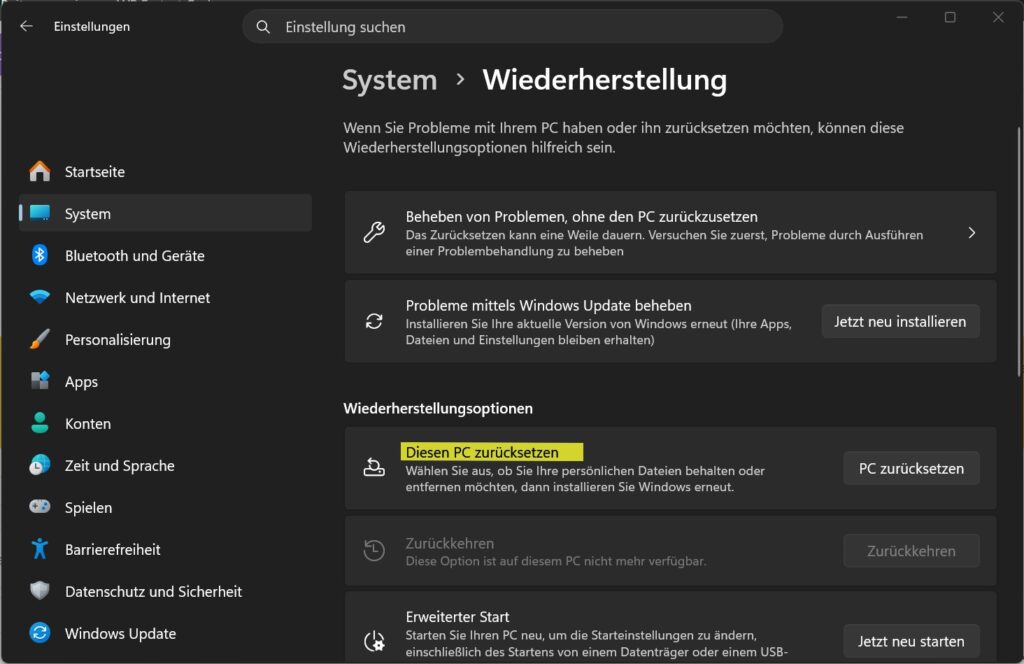 Windows 11 Wiederherstellung mit der Option Diesen PC zurücksetzen