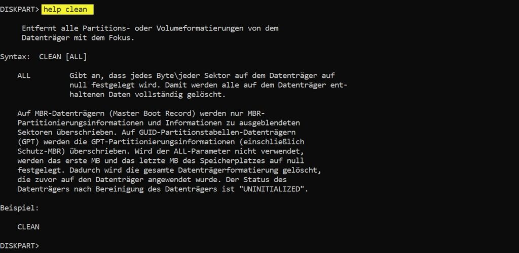 DiskPart Hilfe zeigt die Unterschiede zwischen clean und clean all