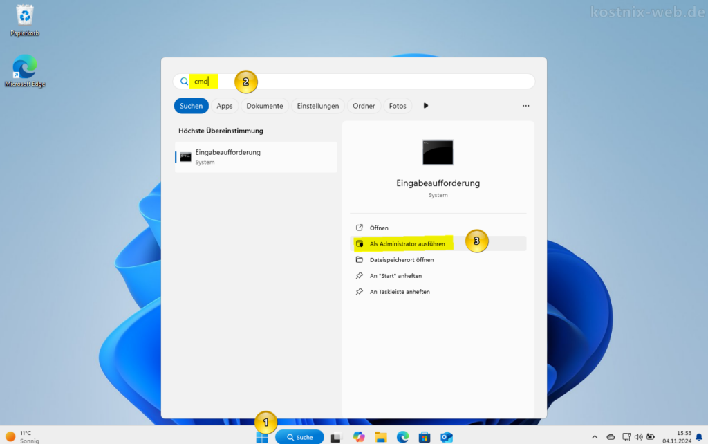 CMD über das Suchfeld als Administrator öffnen.