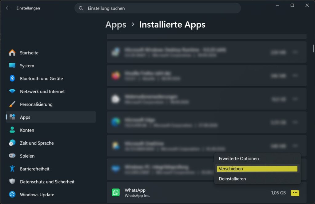 Windows 11 installierte App auf anderes Laufwerk verschieben