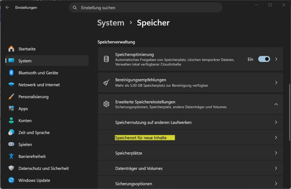 Windows 11 Einstellungen Speicher – Speicherort für neue Inhalte