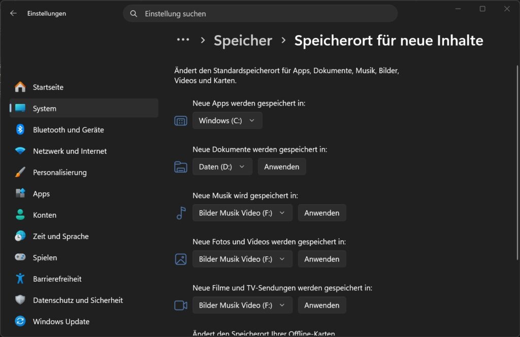 Windows 11 Speicherort für neue Apps Dokumente Musik Fotos und Videos