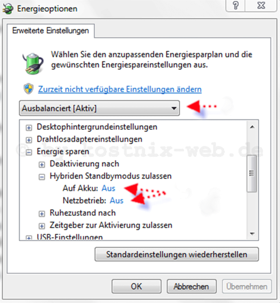 Energieoptionen > Energie sparen > Hybriden Standbymodus zulassen