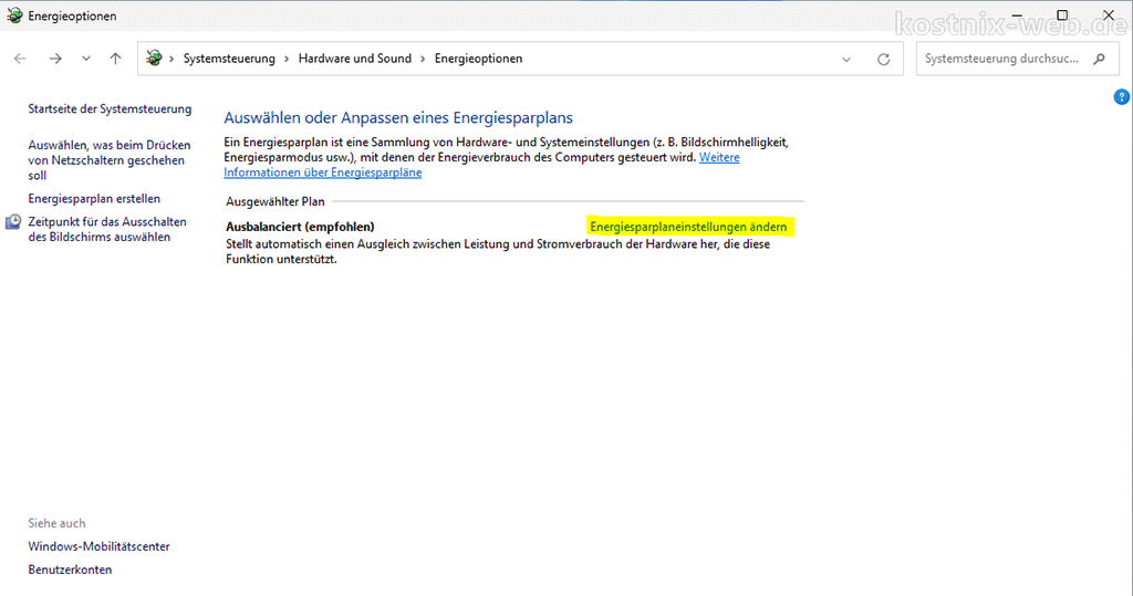 Energieoptionen > Energiesparplaneinstellungen öffnen