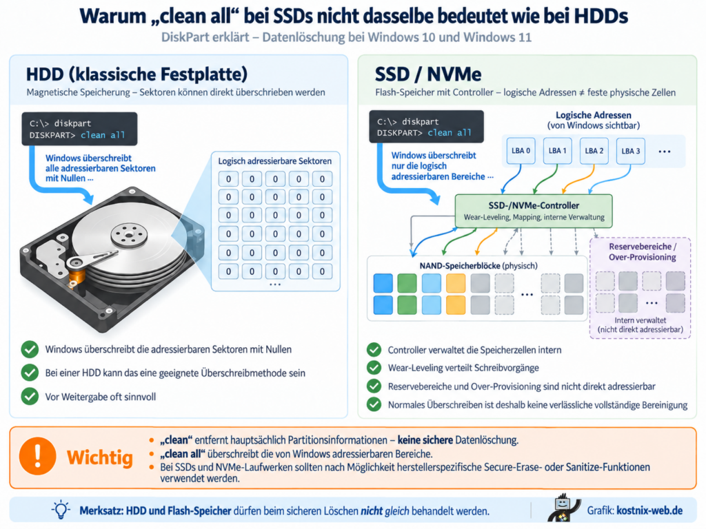 Infografik erklärt den Unterschied von DiskPart clean all bei HDD und SSD NVMe
