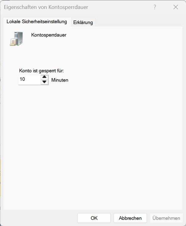 Kontosperrdauer in Windows auf 10 Minuten eingestellt