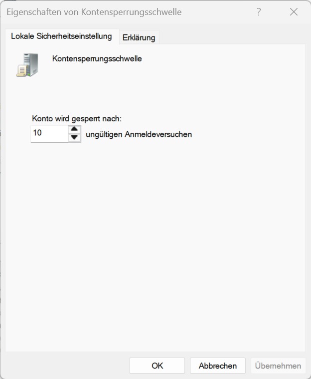 Kontensperrungsschwelle in Windows auf 10 ungültige Anmeldeversuche eingestellt