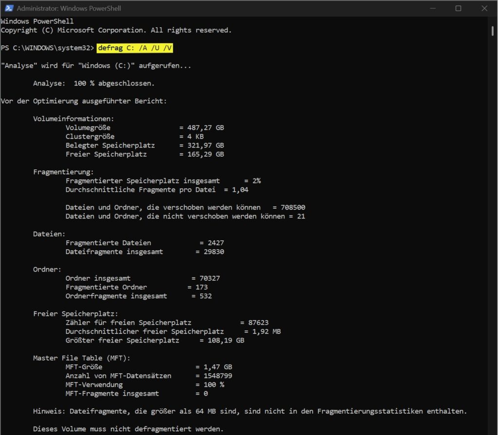 Laufwerk C mit defrag analysieren unter Windows 11