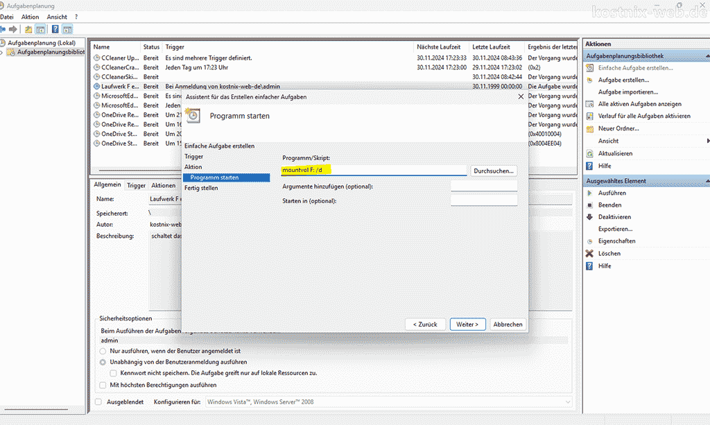 Laufwerke für einzelne Benutzer einfache Aufgabe erstellen Aktion Programm starten