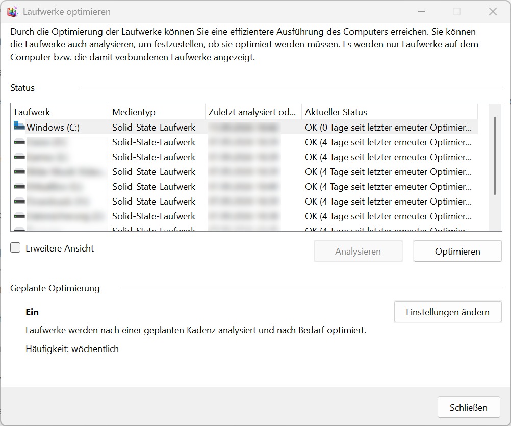 Windows Laufwerke optimieren mit erkanntem Solid-State-Laufwerk