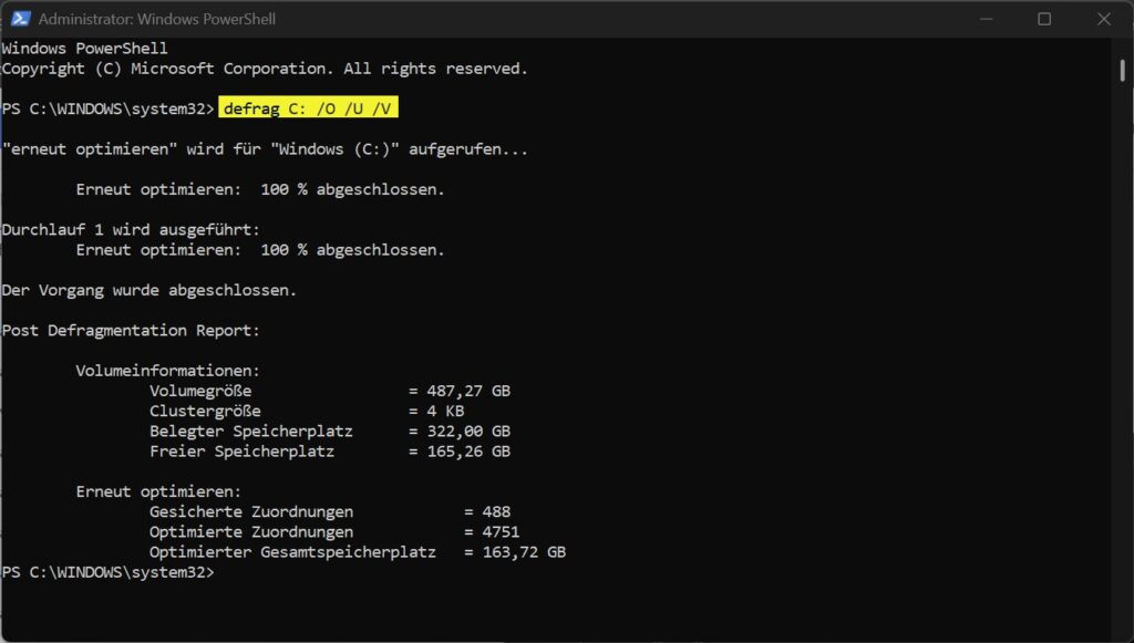 SSD mit defrag C: /O /U /V unter Windows optimieren