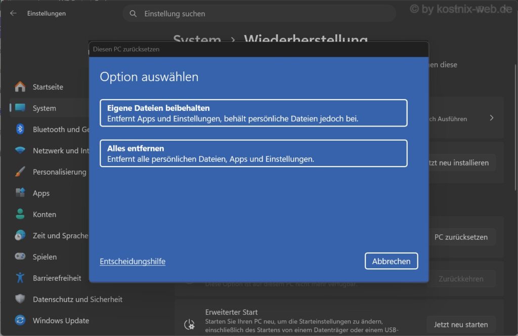 Windows 11 zurücksetzen mit Eigene Dateien beibehalten und Alles entfernen