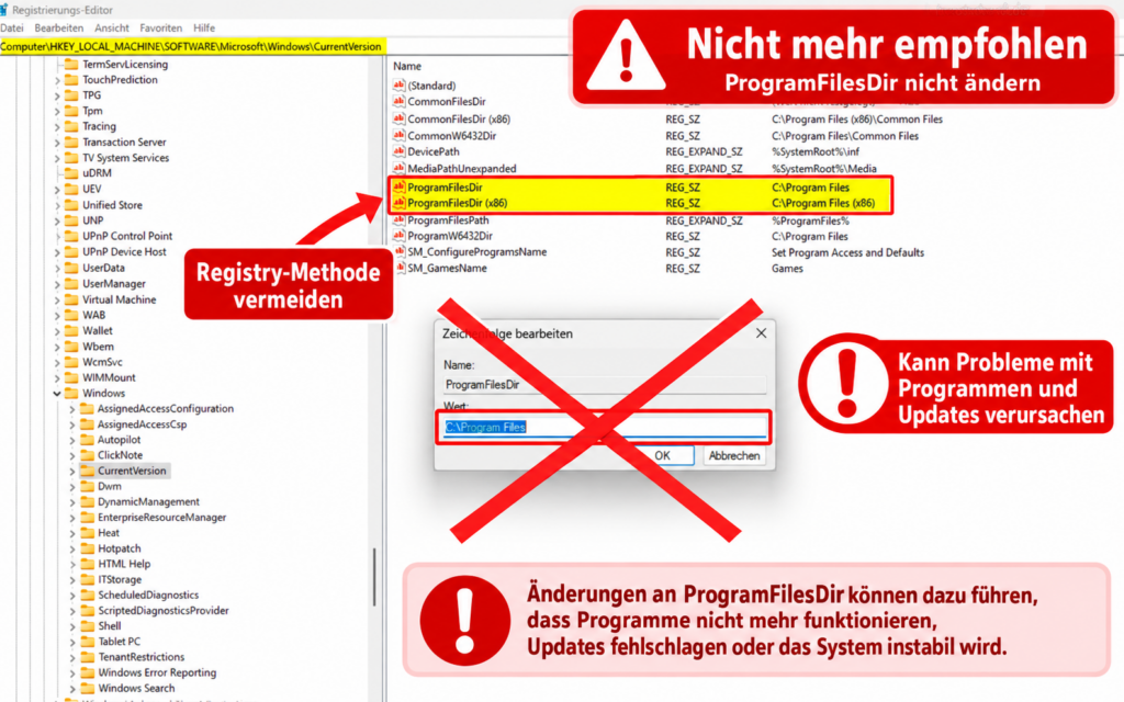 Warnbild zum Registrierungs-Editor: ProgramFilesDir und ProgramFilesDir (x86) nicht mehr ändern