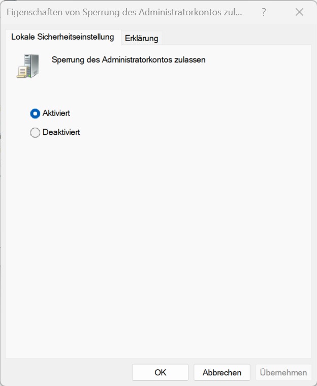 Windows-Richtlinie Sperrung des Administratorkontos zulassen ist aktiviert