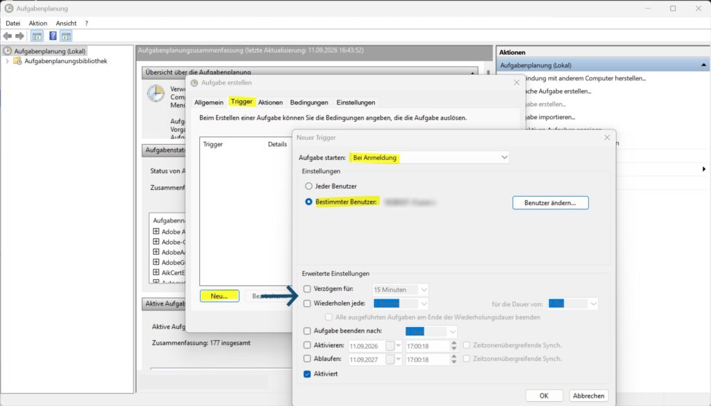 Windows-Aufgabenplanung mit Anmeldetrigger für einen bestimmten Benutzer