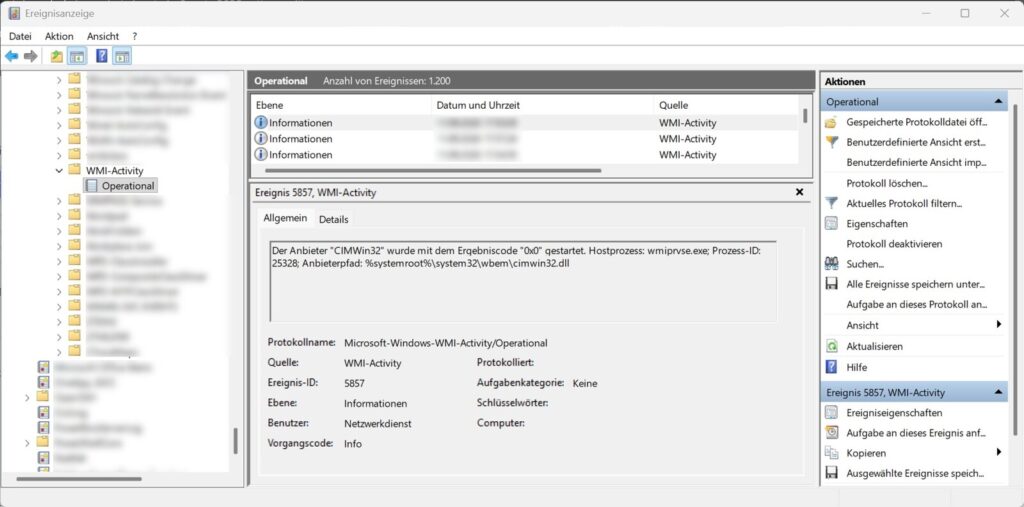 WMI-Activity-Protokoll in der Windows-Ereignisanzeige öffnen