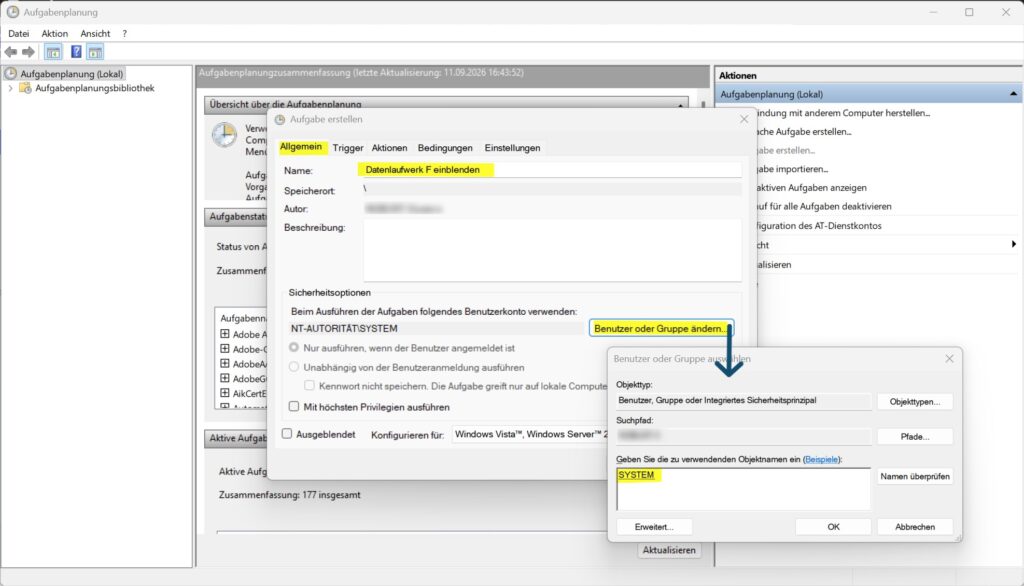 Windows-Aufgabenplanung Registerkarte Allgemein mit Ausführungskonto SYSTEM