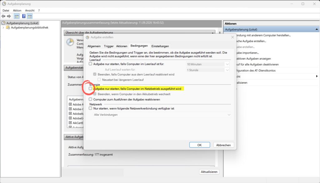 Windows-Aufgabenplanung Registerkarte Bedingungen mit deaktivierter Option für Netzbetrieb