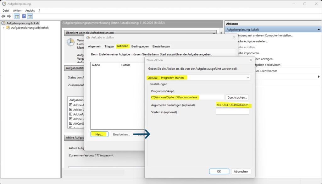 Windows-Aufgabenplanung mit mountvol.exe als Programm und Volume-GUID als Argument