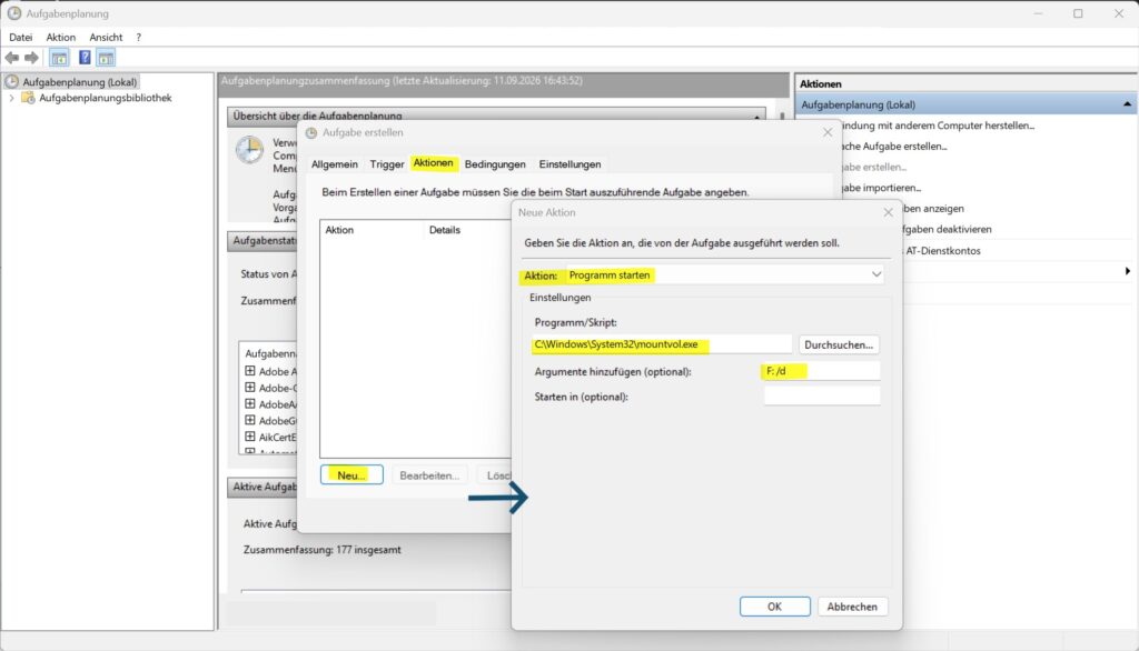 Windows-Aufgabenplanung mit mountvol.exe und dem Argument F Doppelpunkt Slash d zum Entfernen des Laufwerksbuchstabens