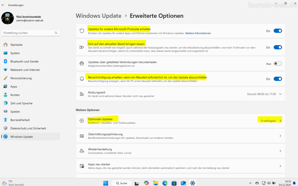 Windows-Update Erweiterte Optionen