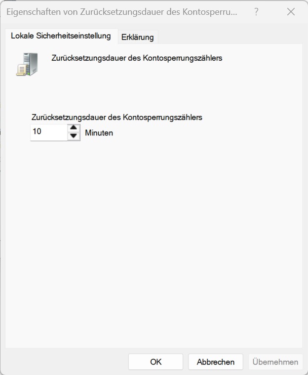 Zurücksetzungsdauer des Kontosperrungszählers in Windows auf 10 Minuten eingestellt