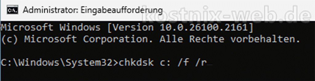 Eingabeaufforderung mit dem Befehl chkdsk c: /f /r