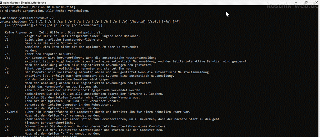 cmd shutdown /? Auszug