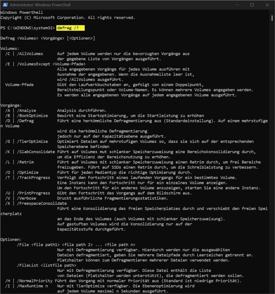Windows defrag Hilfe mit Parametern für Analyse Defragmentierung ReTrim und Optimierung