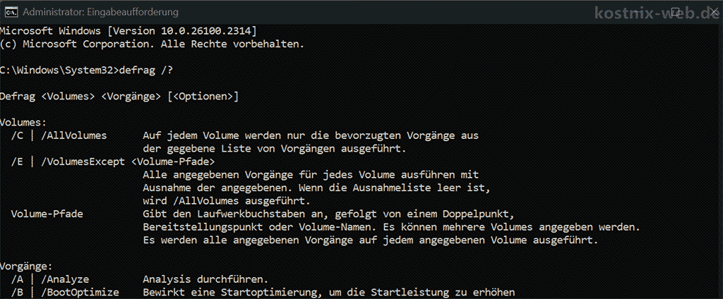 cmd-Befehl defrag /?