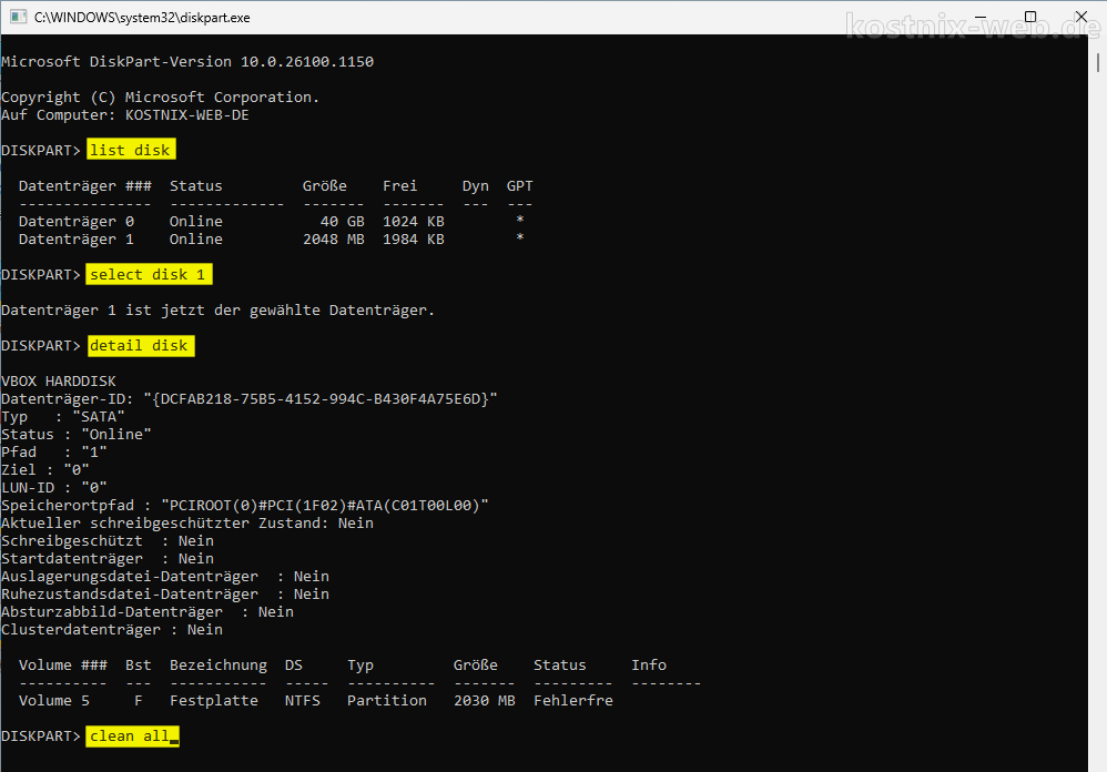 diskpart Befehl clean all