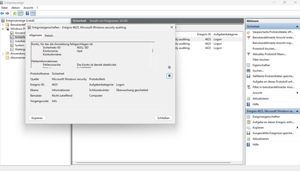 Ereignis 4625 mit betroffenem Konto und Fehlerursache in der Windows-Ereignisanzeige