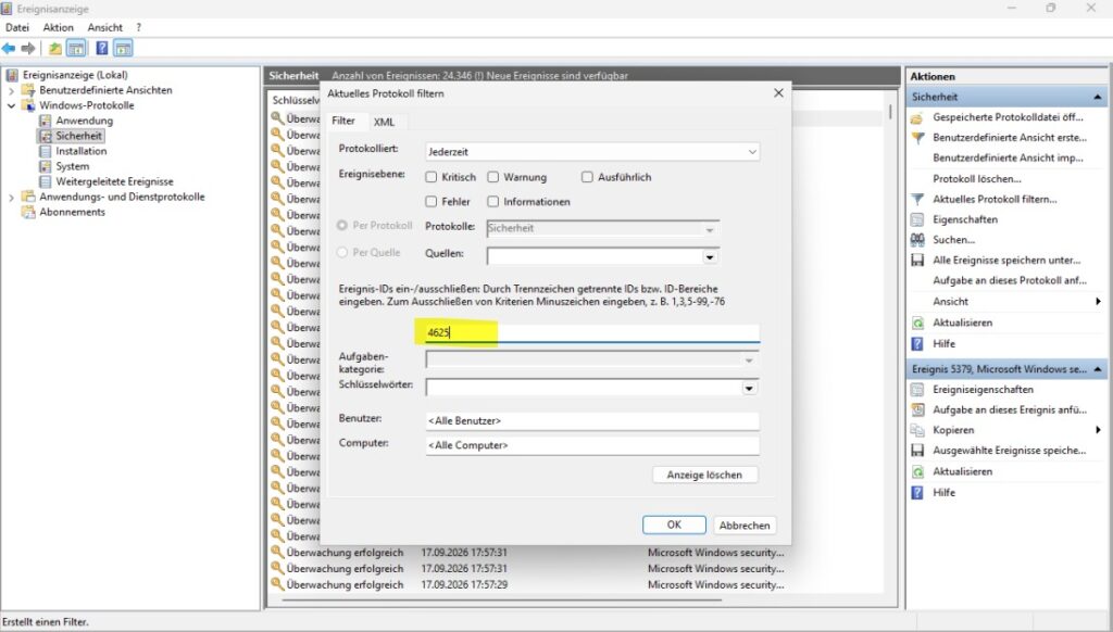 Windows-Ereignisanzeige mit Filter für Ereignis-ID 4625
