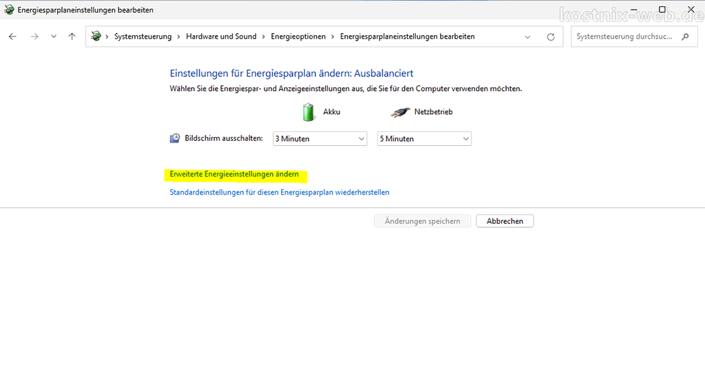 Energiesparplaneinstellungen bearbeiten > erweiterte Energieeinstellungen ändern