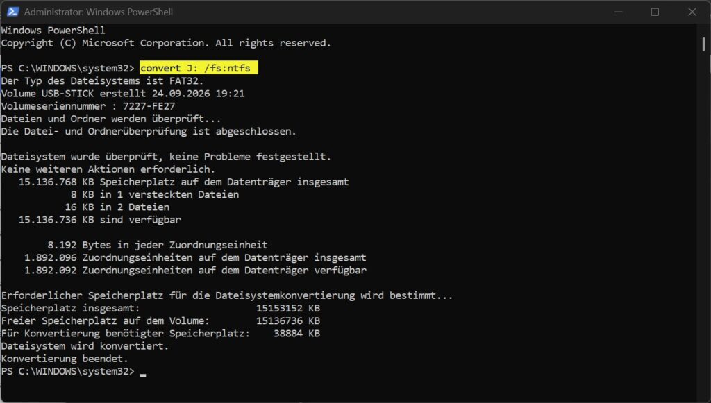 FAT32-Laufwerk mit convert unter Windows in NTFS konvertieren