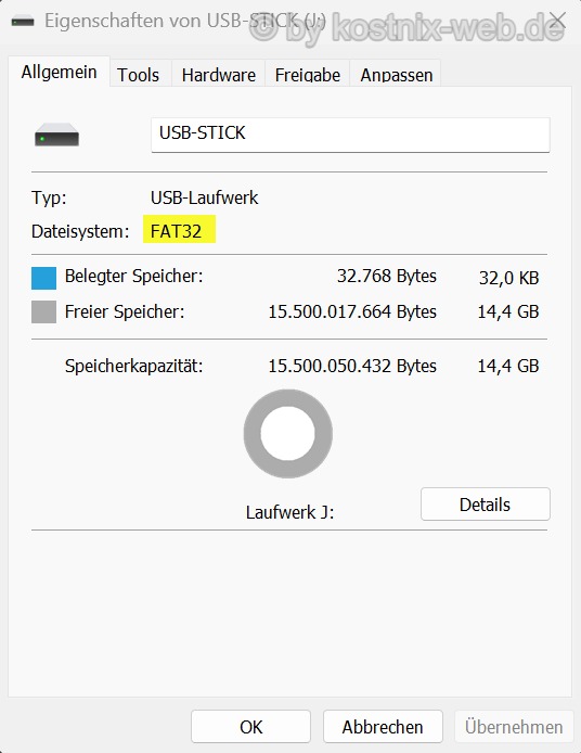 Eigenschaften eines USB-Sticks mit FAT32 unter Windows