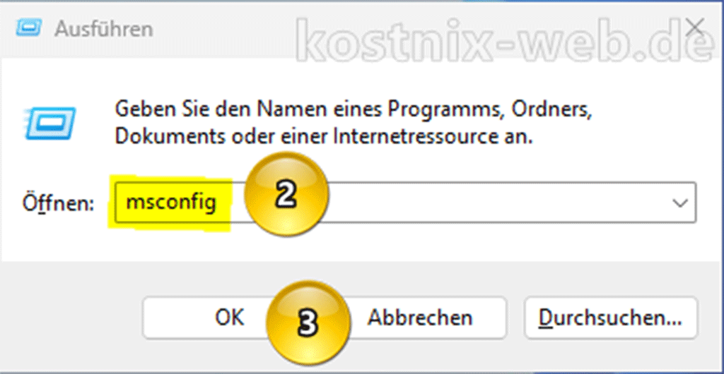 Ausführenfenster mit "WIN" + "R" öffnen und "msconfig" eingeben