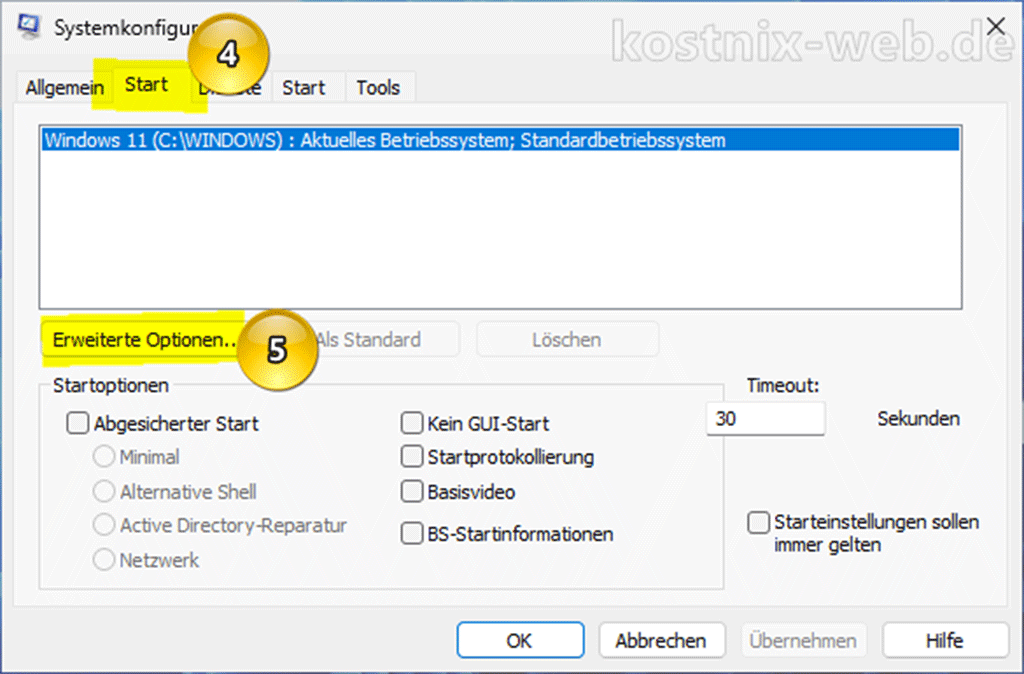 Systemkonfiguration Reiter "Start", erweiterte Optionen