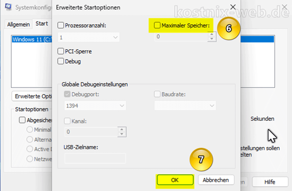 Erweiterte Optionen, maximalen Arbeitsspeicher verwenden