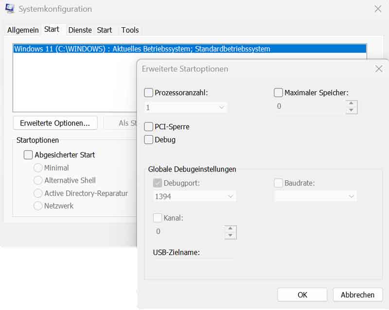 Windows 11 Systemkonfiguration mit deaktivierter Option Maximaler Speicher