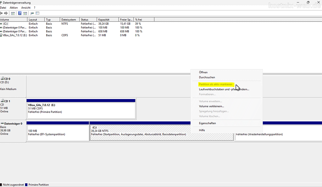 Datenträgerverwaltung, Systempartition auf "aktiv" setzen.