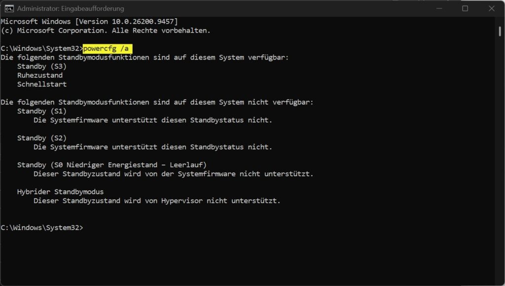 powercfg /a zeigt verfügbare Energiesparzustände unter Windows