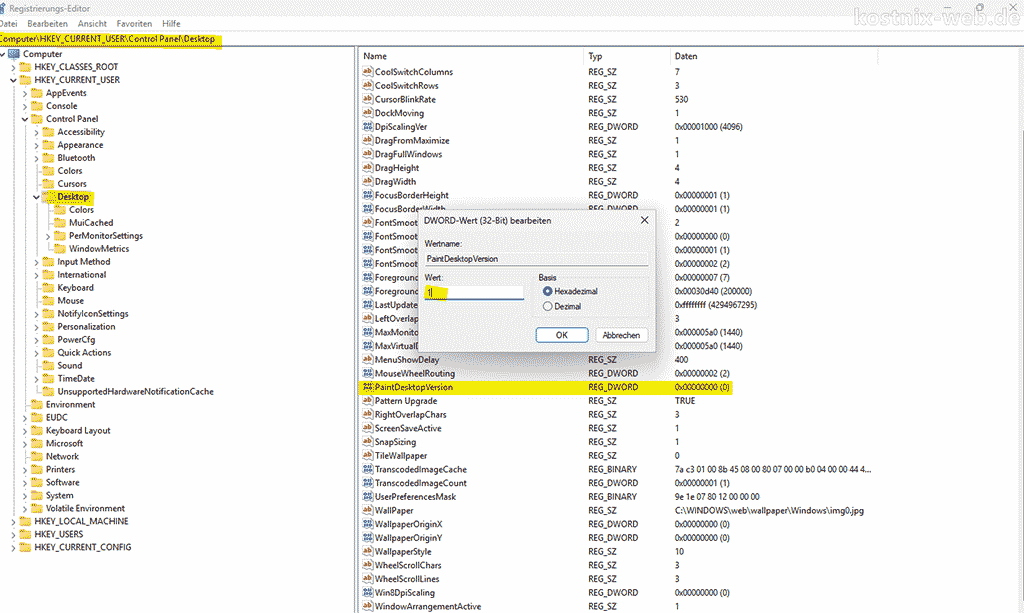 HKEY_CURRENT_USER\Control Panel\Desktop PaintDesktopVersion