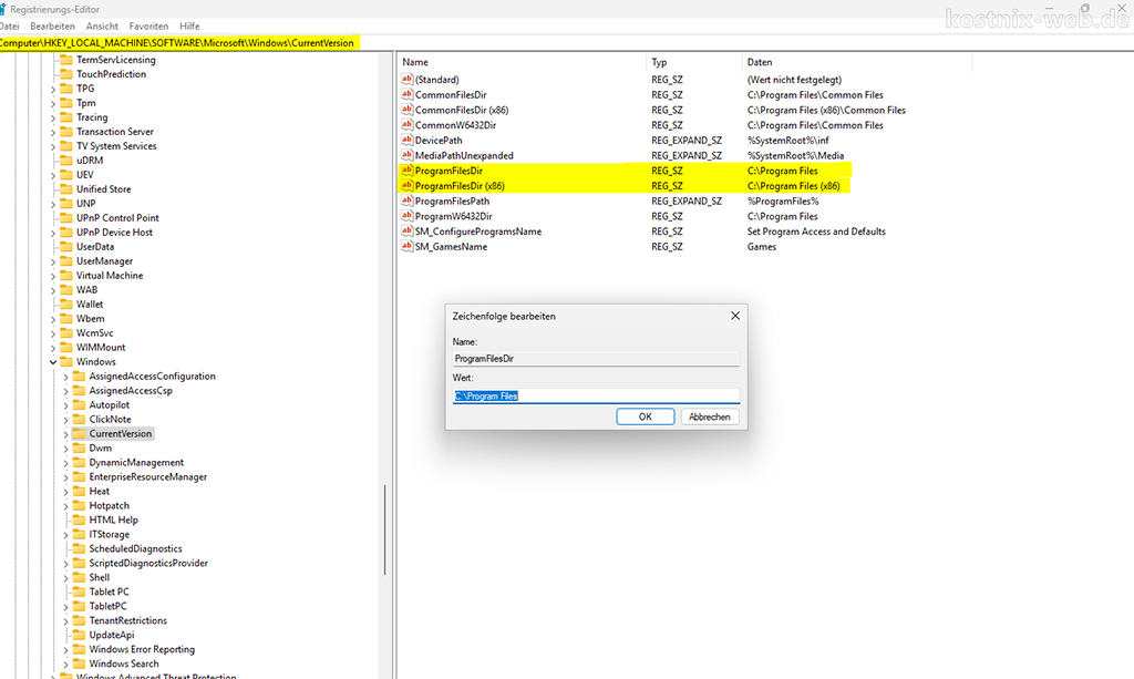 Standardinstallationspfad in der Windows Registry ändern unter dem Schlüssel HKEY_LOCAL_MACHINE\SOFTWARE\Microsoft\Windows\CurrentVersion